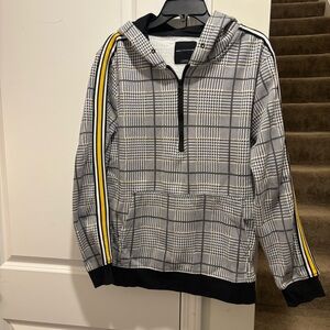 Houndstooth Patterned Half Zip Hoodie With Pocket